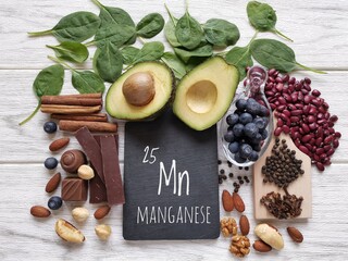 Foods rich in manganese with the chemical symbol Mn for the chemical element manganese. Natural sources of manganese: avocado, cloves, cinnamon, peppercorn, spinach, dark chocolate, beans, blueberry.