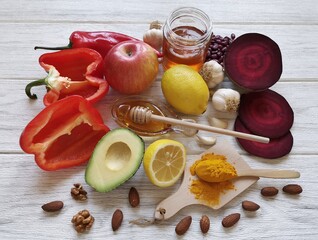 Foods for gut health. Natural food products for healthy bowels. Concept of balanced nutrition for...