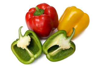 Fresh vegetables Three sweet  bell pepper. Three sweet Red, Green, Yellow  Peppers isolated on white background. Half sweet papper. 