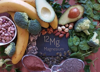 Foods rich in magnesium with the chemical symbol Mg for the chemical element magnesium. Natural sources of magnesium: avocado, nuts, broccoli, banana, cacao, chia, sunflower seed, spinach, beans. - obrazy, fototapety, plakaty