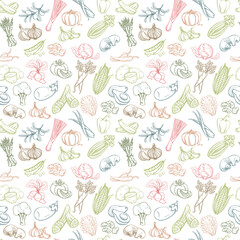 Seamless background pattern of organic farm fresh fruits and vegetables