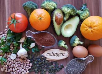 Collagen boosting foods: broccoli, avocado, beans, tomato, orange, garlic, seeds, eggs, cocoa...