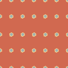 60s vintage Retro floral daisy pattern with orange background. Small yellow and blue flowers.