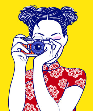 Vector of Retro Chinese Lady holding vintage camera. photographer concept.