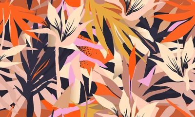 Wall murals Beige Colorful exotic jungle plants illustration pattern. Creative collage contemporary floral seamless pattern. Fashionable template for design.
