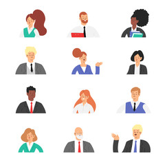 Set of business people avatars. Businessmen and businesswomen cartoon characters. Office team, mix race collective workers, entrepreneurs. Men and women in suits standing together. Vector illustration