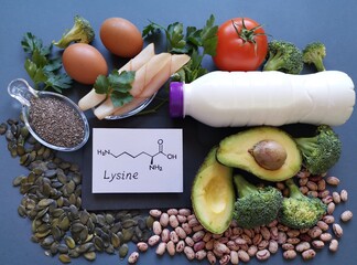 Foods rich in lysine (an essential amino acid) with structural chemical formula of lysine. Natural...