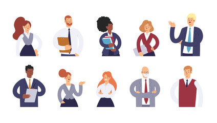 Fototapeta na wymiar Set of business people avatars. Businessmen and businesswomen cartoon characters. Office team, mix race collective workers, entrepreneurs. Men and women in suits standing together. Vector illustration