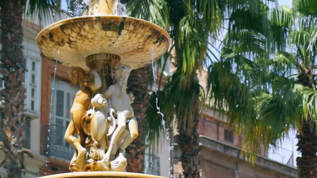 Fountain, palm trees, city square in Malaga.