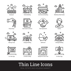 Real estate, city and homes thin line icons. Modern linear logo concept for web, mobile app. House building, commercial property, floor plan, moving service, city map, realty business vector icons set