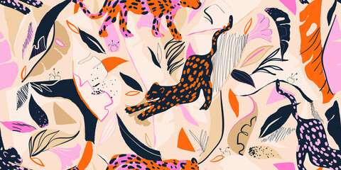 Materiał do szycia Artistic hand drawn exotic pattern with leopards. Creative collage contemporary floral seamless pattern. Fashionable template for design.
