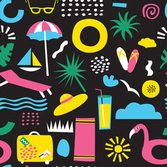Seamless pattern with colorful symbol of beach vacation. 
Sea ​​holiday concept. Bright flat vector illustration on black background.