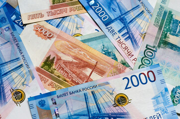 Russian paper money. Rubles. Banknotes in denominations of 2000 and 5000 rubles. Finance.	