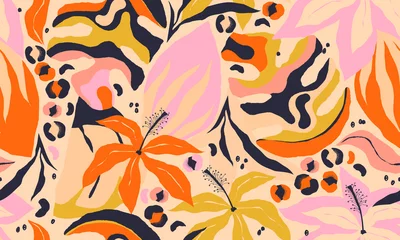Keuken foto achterwand Kleurrijk Moderne exotische jungle planten illustratie patroon. Creatieve collage hedendaagse naadloze bloemmotief. Modieuze sjabloon voor ontwerp.