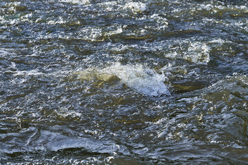 Spray and waves on the surface of the river during a strong wind