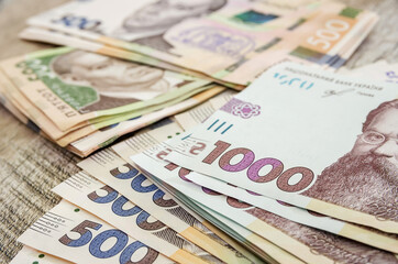 new 1000 and 500 hryvnias, close-up. A lot of hryvnia.