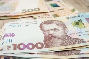 new 1000 and 500 hryvnias, close-up. A lot of hryvnia.