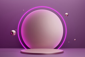 Rose gold podium for cosmetics with neon frame and metallic spheres. Front view. 3d Rendering.