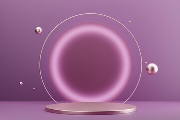 Rose gold podium for cosmetics with pastel melallic frame and spheres. Front view. 3d Rendering.