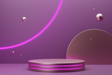 Pink metallic multilayered podium for cosmetics with neon frame and spheres. Front view. 3d Rendering.