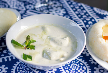 Georgian traditional food Gebjalia, cheese in milk and greens, species.