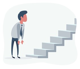 Obraz premium Flat Man Looking at the stair with question of new opportunities or challenges. Vector flat design illustration.
