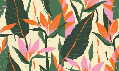 Jungle plants illustration pattern. Creative collage contemporary floral seamless pattern. Fashionable template for design.