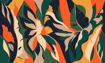 Papier Peint photo Lavable Pour elle Modèle d& 39 illustration de plantes exotiques de la jungle. Modèle sans couture floral contemporain de collage créatif. Modèle à la mode pour la conception.