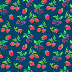 Watercolor raspberry and blackberry with green leaves seamless pattern. Summer forest berries texture on dark blue background
