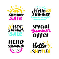 Hello Summer vector lettering set. Fun quote hipster design logo or label. Hand lettering inspirational typography poster, banner collection isolated on white.
