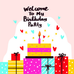 Happy birthday lettering vector card. Holiday text and decorations.