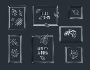 Set of hand drawn frames with autumn leaves. Fall of the leaves. Sketch, design elements. Vector illustration.	