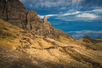 Beautiful landscape scenery on the old man of Storr the landmark in the area of Scottish Highlands