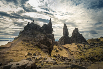 Beautiful landscape scenery on the old man of Storr the landmark in the area of Scottish Highlands