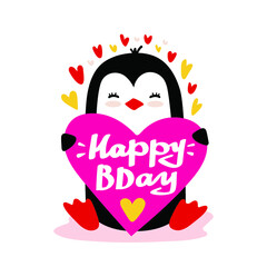 Happy birthday card with cute character penguin with heart in paws. Vector element isolated on white.