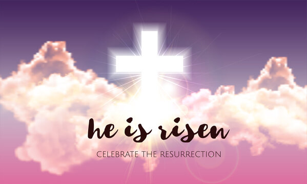 He is risen. Easter banner background with clouds, divine sunlight , crucifixion, cross and sun rise. Vector illustration