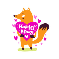 Happy birthday card with cute red fox. Holiday text and decorations. Vector element isolated on white.