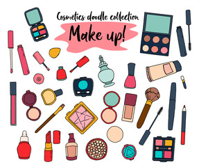 Hand drawn vector illustration in doodle style, collection of various cosmetic products. Make up set. Isolated clipart elements for design about beauty and fashion. 
