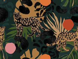 Handgezeichnetes abstraktes Dschungelmuster mit Leoparden. Zeitgenössisches nahtloses Muster der kreativen Collage. Natürliche Farben. Modische Vorlage für Design.
