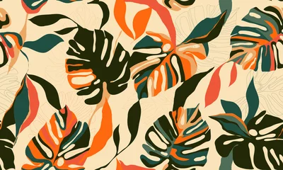 Behang Beige Moderne exotische jungle planten illustratie patroon. Creatieve collage hedendaagse naadloze bloemmotief. Modieuze sjabloon voor ontwerp