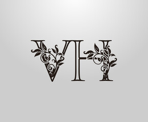 Vintage V, H and VH Letter logo. Graceful Floral Flower Alphabet Mark for letter stamp, weeding card, brand name, Restaurant, Boutique, Hotel.