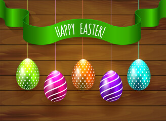 Happy Easter Vector background with colored eggs on wooden backdrop with ribbon for greeting card, ad, promotion, poster, flyer, web-banner, article, social media