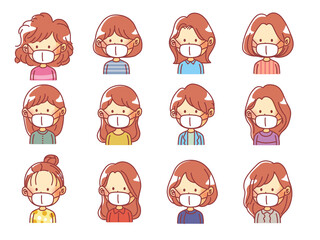 Obraz premium 女性イラストマスクアイコンセット12種類カラー