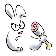 Angry rabbit holds a piece of meat