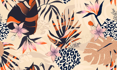 Hand getekend abstract bloemmotief met luipaardprint. Creatief collage eigentijds naadloos patroon. Natuurlijke kleuren. Modieuze sjabloon voor ontwerp.