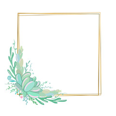 Vector editable wedding invitation template. Floral frame with succulents. Elegant golden square frame with succulent flowers. Vector illustration.