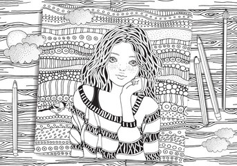 Cute girl in a striped sweater. Coloring book page for adult. Artistically ethnic pattern. Black and white. Doodle, zentangle.