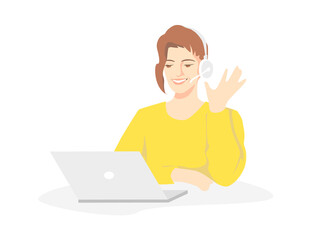 Beautiful girl specialist in headphones with a headset works remotely. The young woman smiles pleasantly and greets. Bright design.