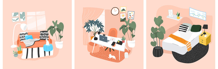 Interior of the room. Vector banner. Collection of Hand drawing style living room, home office and bedroom. Cozy interior with home plants. Cartoon vector