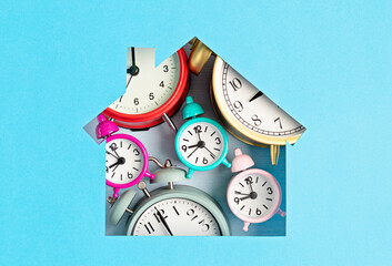 Papercut house filled with alarm clocks. Modern lifestyle, stress, time management, planning